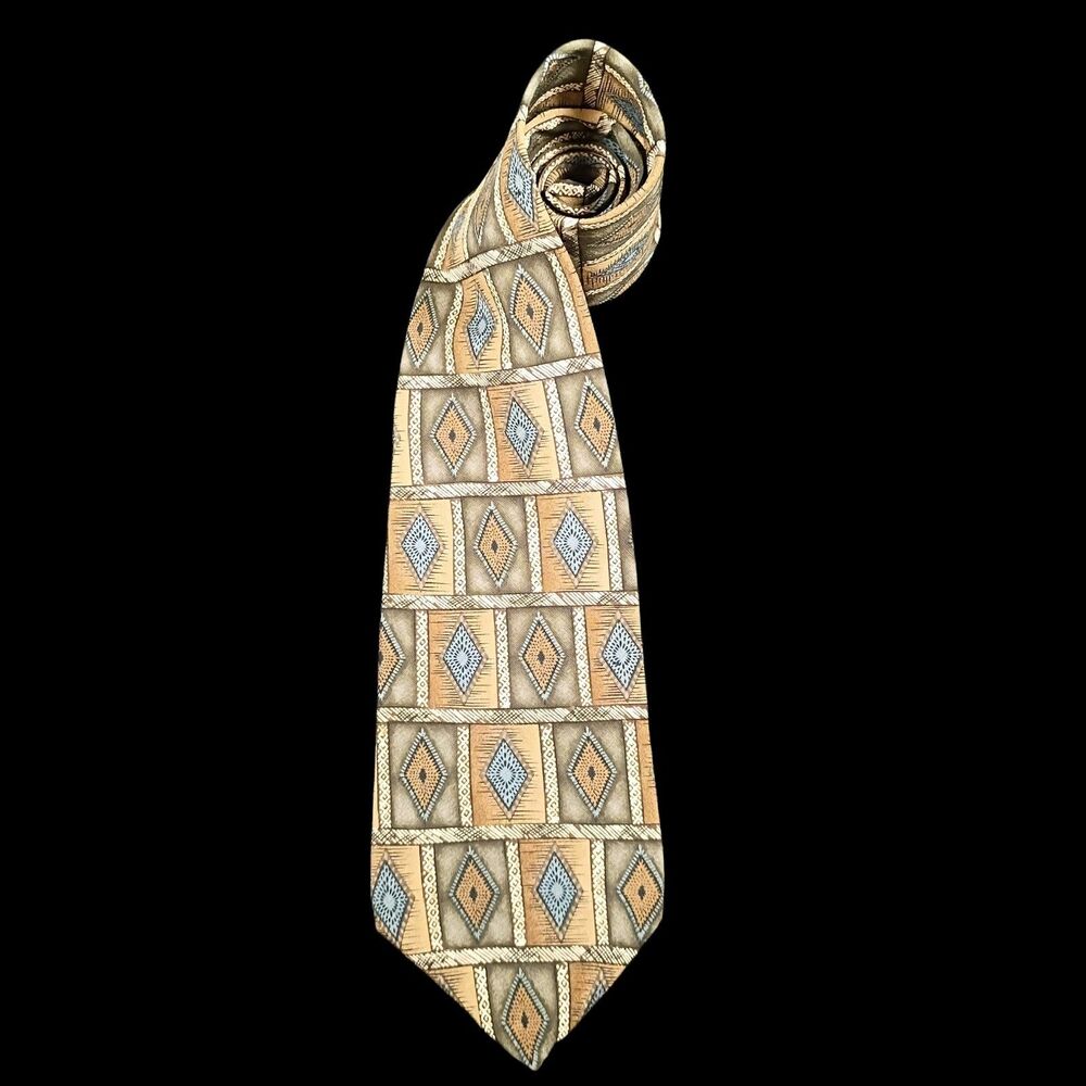 Vintage Necktie Hunting Horn Silk Tie Geometric Earth Tone Gift For Dad
